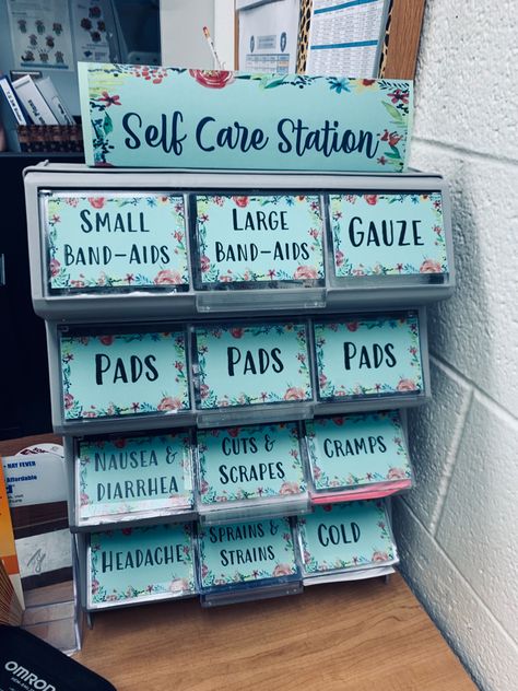 Classroom Nurse Station, Nurses Office Ideas, Hygiene Station Classroom, Classroom Care Station, School Nursing Office, Self Care Station Nurses Office, Classroom Self Care Station, Care Closet Classroom, School Care Closet