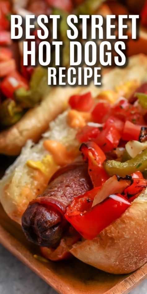 Street Hot Dogs, Bacon Hot Dogs, Hot Dog Sauce, Gourmet Hot Dogs, Hot Dogs Recipes, Hot Dog Toppings, Hot Dog Chili, Hot Dog Cart, Wrapped In Bacon