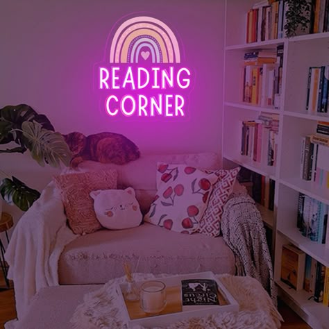 Classroom Decor Lights, Playroom Neon Sign, Funky House Decor Bohemian, Reading Corner Ideas For Kids, Reading Corner For Adults, Boho Library Room, Cozy Library Aesthetic, Cosy Book Corner, Book Nook Room