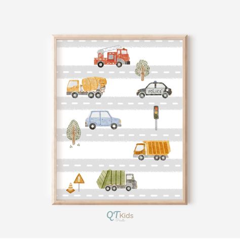 Vehicle Nursery Theme, Boy Playroom, Transport Vehicles, Playroom Bedroom, Boys Playroom, Art Boy, Nursery Poster, Nursery Themes, Art Wall Kids