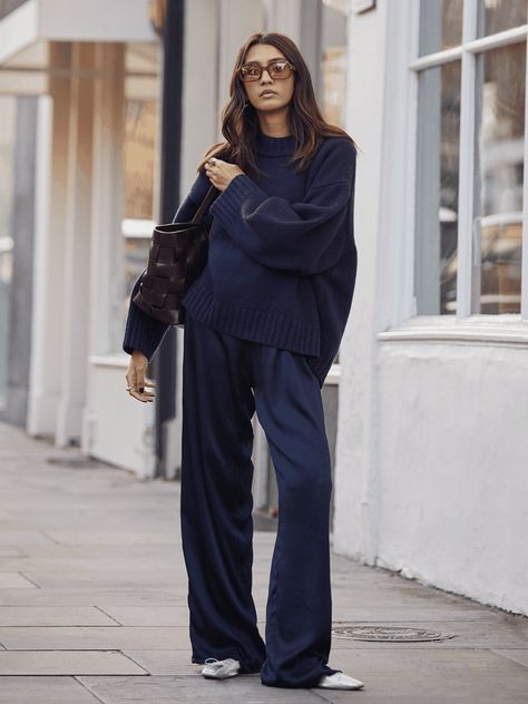 Silky Trousers, Womens Knit Jumpers | SheerLuxe Work Outfit With Trousers, Jumper Trousers Outfit, Winter Relaxed Outfits, Monochrome Navy Outfit, Trouser Sweater Outfit, Sheerluxe Outfits, Navy Silk Pants Outfit, Slouchy Trousers Outfit, All Navy Outfits For Women