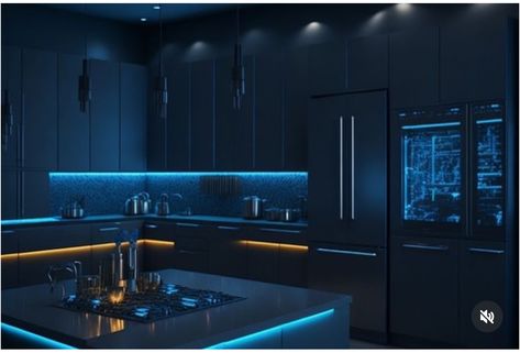 Blue Aesthetic House Interior, Blue Kitchen Aesthetic, Futuristic Bedroom Design, Futuristic Bedroom Ideas, Neon Kitchen, Futuristic Bedroom, Bedroom Ideas For Small Rooms, Black Bedroom Design, Dark Modern