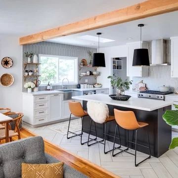 75 Kitchen Ideas You'll Love - March, 2022 | Houzz Floor Transition Ideas, Tile To Wood Transition, Modern Industrial Kitchen, Floor Transition, Transition Ideas, Beige Backsplash, White Quartz Countertops, Light Wooden Floor, Solid Oak Floors