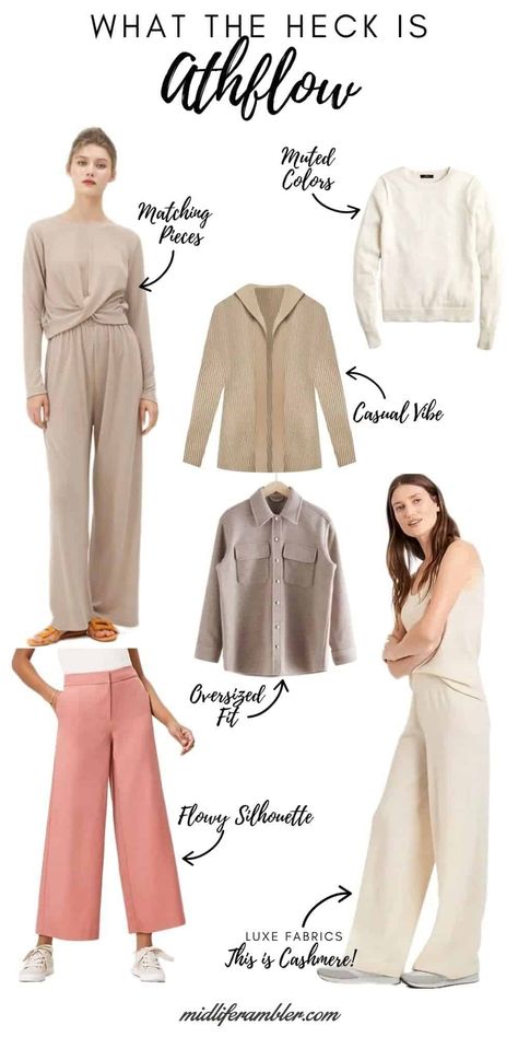 Athflow is the latest fashion trend for Spring 2021. It describes clothing influenced by athleisure basics but elevate with a flowy style, soft fabrics, and co-ordinated pieces. Organic Modern Clothing Style, Soft Natural Athleisure, Soft Classic Loungewear, How To Style Lounge Wear, Soft Classic Athleisure, Elevated Leisure Wear, Clothing Trends For 2023, Retreat Clothing, Athflow Outfits