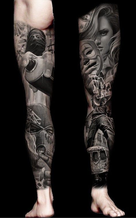 Leg Tattoo Portrait, Full Leg Tattoo Men, Leg Tattoo Idea, Calf Sleeve Tattoo, Calf Tattoo Men, Tattoo Pierna, Chicano Tattoos Sleeve, Pop Art Tattoos, Animal Sleeve Tattoo