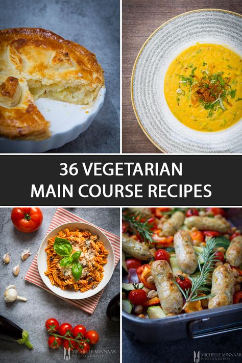 Are you longing for some vegetarian main course recipes to cook at home? Look no further. These 36 vegetarian main course recipes include traditional pasta dishes, Indian inspired dishes, tarts, salads and much more. With such a vast variety of recipes, you'll be able to pick a recipe for each day of the week. Main Course Vegetable Recipes, Amazing Dinner Recipes Main Courses, Vegetarian Main Course Fine Dining, Fancy Vegetarian Dinner, Gourmet Vegetarian Recipes, Good Vegetarian Meals, Main Course Menu, Cook Vegetarian, Vegetarian Day