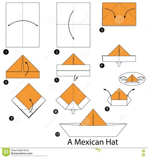 Step By Step Instructions How To Make Origami A Mexican Hat. Stock Vector - Image: 75777299 How To Make A Paper Hat Step By Step, Origami Hat Tutorial, Sticky Note Origami Step By Step, Origami Hat, Sticky Note Origami, Origami Easy Step By Step, Paper Folding Crafts, Origami Step By Step, Origami Artist