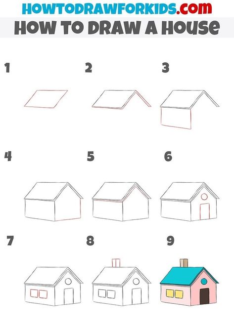 how to draw a house step by step Directed Drawing Kindergarten, Learning To Draw For Kids, Simple House Drawing, Easy Halloween Drawings, House Drawing For Kids, Toddler Drawing, Into Drawing, Easy Animal Drawings, Drawing Pictures