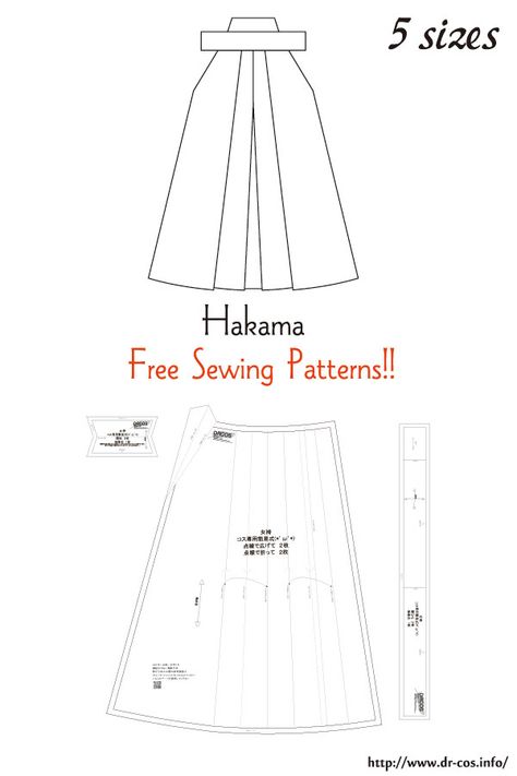 This is the pattern of a Hakama. cm size(A4 size) Ladies'-S,M,L,LL/Men's-L Skirt Pattern Free Sewing, Kimono Sewing, Pattern Free Sewing, Sewing Pattern Pieces, Kimono Sewing Pattern, Hakama Pants, Diy Kimono, Skirt Pattern Free, Free Pdf Sewing Patterns