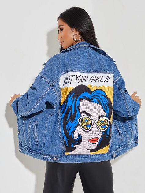 SHEIN PETITE Slogan & Figure Graphic Denim Jacket | SHEIN Faux Leather Leggings Outfit, Upcycled Jackets, Denim Coat Women, Light Denim Jeans, Oversized Jean Jacket, Printed Denim Jacket, Print Denim, Blue Jean Jacket, Oversized Denim Jacket