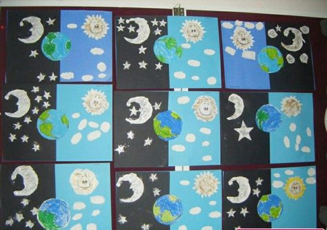 Night Crafts Preschool, Day And Night Craft, First Grade Crafts, First Grade Art, Night Sky Art, Lap Book, Kindergarten Rocks, Moon Crafts, Fall Kindergarten