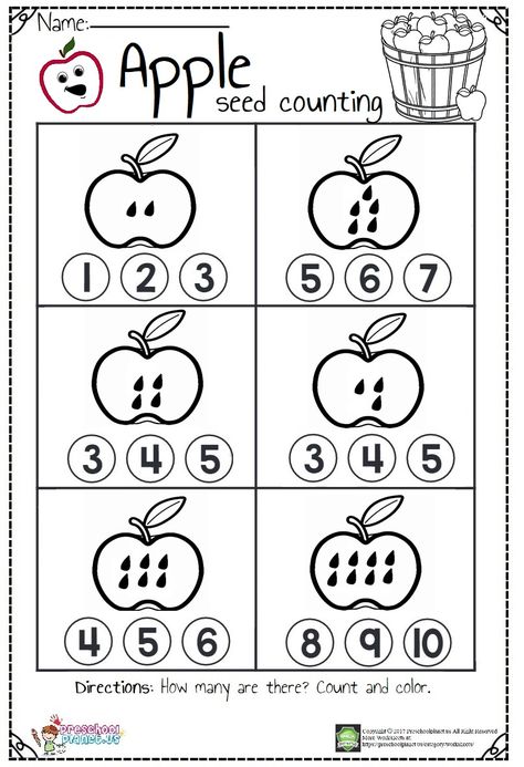 Let’s Count Apple Seeds  Look at these cute apples. Here are delicious apples for you. Let’s count and color them. You can use this worksheet for kindergarten, preschool and first graders. Kids will their counting abilities with this apple seed counting worksheet. You can use this apple seed counting worksheet in your classroom or home freely. This apple seed counting worksheet is in pdf format and downloadable. Apple Math Preschool, Preschool Apple Worksheets, Apple Math Worksheets, Math Apple Activities, Number Worksheet, Apple Lessons, Apple Math, Preschool Counting, Apple Preschool