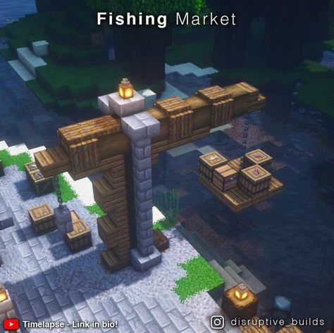 Fishing Building Minecraft, Fishing Market Minecraft, Fishing Town Minecraft, Minecraft Fishing Dock Aesthetic, Minecraft Fish Market, Minecraft Harbor Ideas, Minecraft Market Ideas, Minecraft Fishing Village, Minecraft Fishing House