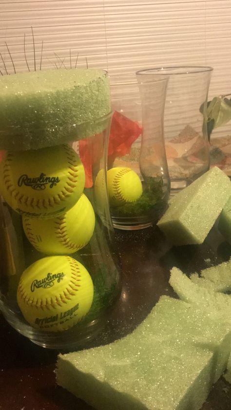 Softball Party Centerpiece, Senior Softball Table Ideas, Softball Table Centerpieces, Softball Centerpieces Table Decorations, Softball Banquet Ideas Table Decorations, Softball Banquet Ideas, Softball Centerpieces, Softball Themed Birthday Party, Softball Party Decorations