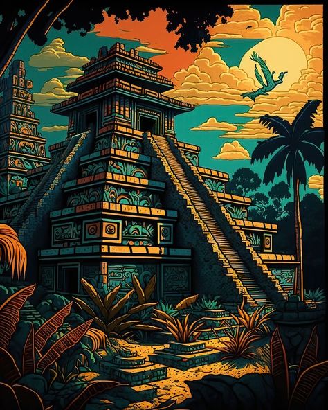 Ancient Mesoamerican Art, Mayan Civilization Art, Mayan Pyramids Art, Mayan Pyramid Drawing, Aztec Architecture Art, Mayan Culture Art Maya Civilization, Mayan Temple Art, Maya Civilization Art, Mayan Painting