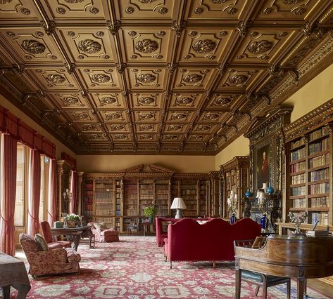 A familiar sight? It would be unsurprising if so; the conjoined Library and North Library at Highclere Castle double as Robert Crawley's… Highclere Castle Interior, Downton Abbey House, The Real Downton Abbey, Classical Building, Highclere Castle, Architectural Competition, Castles Interior, Houses Of Parliament, Parking Design