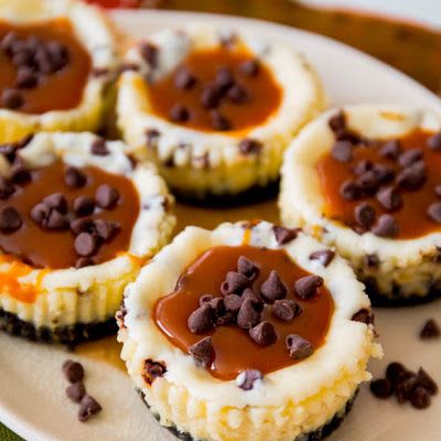 Salted Caramel Chocolate Chip Cheesecakes @keyingredient #cheese #chocolate #caramel #dessert #cheesecake Dolci Finger Food, Homemade Salted Caramel, Mini Cheesecake Recipes, Salted Caramel Cheesecake, Cookie Base, Oreo Cookie Crust, Chocolate Chip Cheesecake, Caramel Cheesecake, Salted Caramel Chocolate