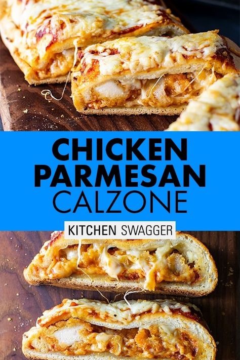 Chicken parmesan calzone recipe. The only calzone recipe you’ll ever need—a chicken parmesan calzone filled with crispy chicken, Parmesan, and mozzarella cheeses. Layered with cheese and sauce on top. The perfect gameday appetizer or dinner for 2-4 #calzonerecipes #chickenparmesan #calzone Chicken Parm Calzone Recipes, Calzone Fillings, Chicken Parmesan Calzone, Garlic Chicken Calzone, Bbq Chicken Calzone, Chicken Calzones With Pizza Dough, Chicken Parmesan Calzone Recipe, Quick And Easy Calzones, Quick Calzones