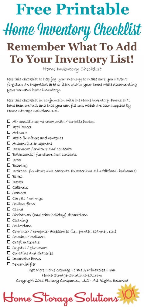 Free printable home inventory checklist, so you don't forget any of the important stuff when creating your own inventory for insurance {on Home Storage Solutions 101} #HomeInventory #FreePrintable #HomeStorageSolutions101 Declutter 365, Inventory Checklist, Inventory Printable, Household Notebook, Inventory List, Family Mission, Emergency Binder, Financial Organization, Household Management