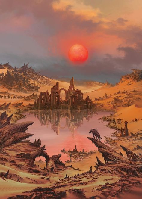 Shadow City Fantasy Art, Dark Fantasy Landscape Art, Dark Sun, Location Inspiration, Cosmic Horror, Desert Art, Alien Worlds, Fantasy City, Dnd Art