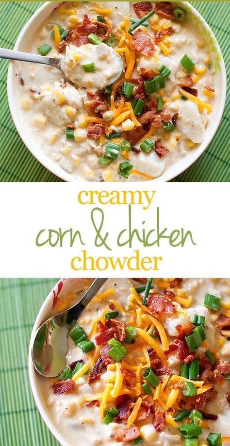 Creamy Corn and Chicken Chowder Recipe - perfect weeknight soup recipe!  So easy...we tend to add in fresh green beans and sometimes carrots.  Also the spices are good in a broth based soup as well. Corn And Chicken Chowder, Oven Corn, Weeknight Soup, Chicken Chowder, Buns In My Oven, Chicken Corn Chowder, Healthy Quinoa, Corn Chicken, Quinoa Recipe