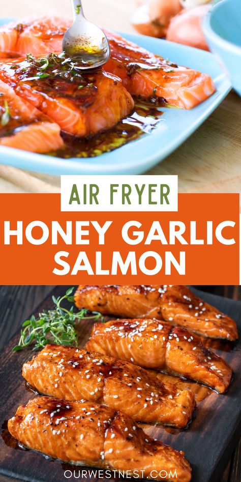 Honey Garlic Salmon Air Fryer Style Salmon Air Fryer Recipes Garlic Butter, Salmon Air Frier Recipes, Best Salmon Air Fryer Recipes, Salmon Tails Recipe, Air Fryer Honey Glazed Salmon Recipes, Air Fryer Salmon Marinade, Honey Mustard Salmon Air Fryer, Air Fryer Salmon Soy Sauce, Quick Salmon Recipes Air Fryer