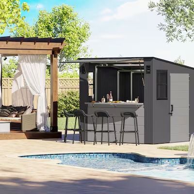 Sheds at Lowes.com Side Of Shed Ideas, Bbq Sheds Outdoor, Glass Shed, Patio Shed, Pool Sheds, Building A Bar, Yard Office, Shed Bar, Bbq Shed