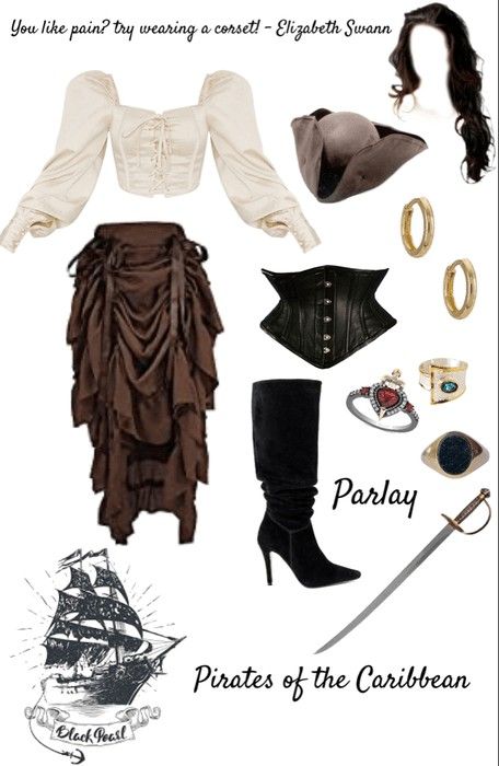 Pirates Of The Caribbean Outfits Women, Subtle Pirate Outfit, Pirate Female Outfits, Pirates Of The Caribbean Outfits, Women’s Pirate Costume, Piratecore Outfit, Pirates Of The Caribbean Costumes, Piratecore Fashion, Caribbean Outfit