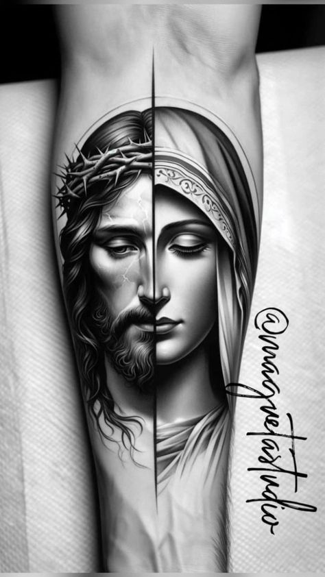 Virgen Mary Tattoo, Mother Mary Tattoos, Maria Tattoo, Religion Tattoos, Jesus Christ Tattoo, Memorial Tattoo Ideas, Leg Sleeve Tattoos, Leg Tattoo Ideas, Christian Sleeve Tattoo