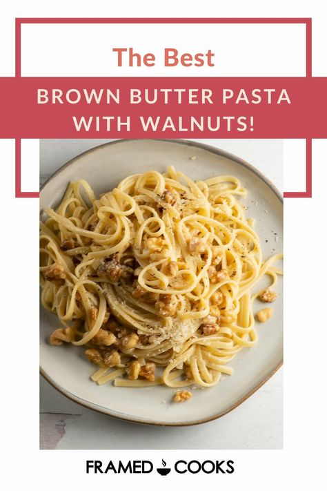 Butter, nuts and parmesan cheese team up to make a fast and easy pasta sauce in this simple recipe for brown butter walnut pasta! Walnut Pasta Recipes, Pasta And Butter Recipes, Walnut Pasta, Bachelorette Dinner, Red Sauce Pasta Recipe, Meatless Mains, Easy Pasta Sauce, Red Sauce Pasta, Vegetarian Pasta Recipes