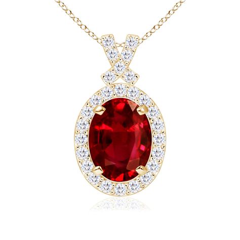 ANGARA July Birthstone - Vintage Inspired Diamond Halo Oval Ruby Pendant Necklace for Women in 14K Yellow Gold (6x4mm Ruby) #affiliate #angara #necklaces Ruby Necklace Pendant, Vintage Pendant Necklace, July Birthstone Jewelry, Jewelry Pendants, Ruby Pendant, Halo Pendant, E 40, Ruby Jewelry, July Birthstone