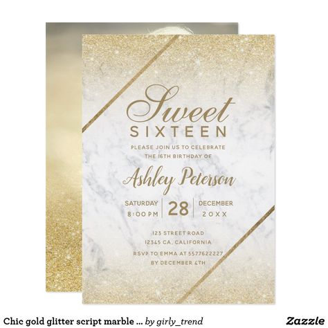 Chic gold glitter script marble photo Sweet 16 Invitation Chic gold typography geometric stripes and gold glitter ombre white marble Sweet 16 birthday party invitation. Add your photo. Typography Geometric, Gold Glitter Ombre, Sweet Sixteen Birthday Invitations, Sweet 16 Themes, Gold Typography, Sweet Sixteen Invitations, Sweet 16 Birthday Party, Sweet Sixteen Birthday, Sweet 16 Invitations