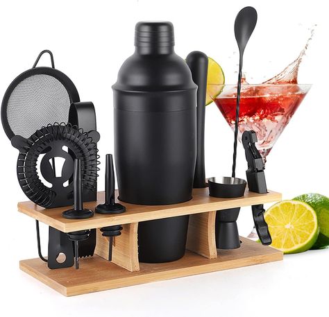 Complete Mixology Bartender Kit 11-Piece set includes: 19oz cocktail shaker, 0.5/1oz jigger, Mixer Spoon, muddler, ice tongs, strainer, corkscrew, 2 liquor pourers, Environmental bamboo display stand. You can confidently create a favorite alcoholic cocktail, regardless of whether you are an experienced bartender or a beginner. Cocktail Bar Set, Drink Shaker, Bartending Kit, Bartender Kit, Perfect Martini, Martini Shaker, Ice Tongs, Bar Tool Set, Long Island Iced Tea