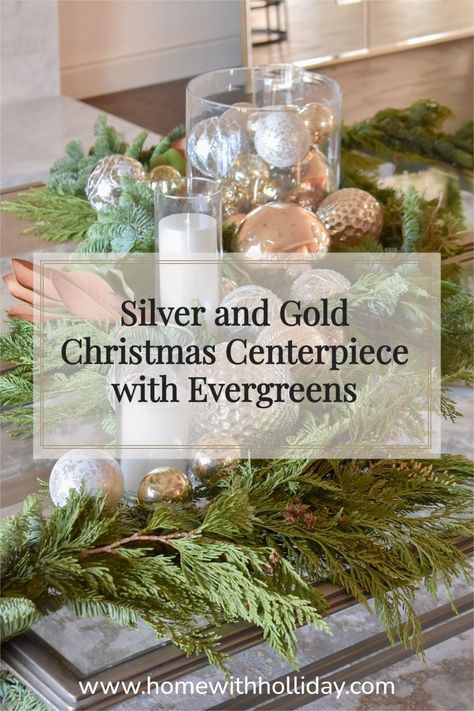 Silver And Gold Centerpieces Christmas, Gold And Silver Christmas Table Decor, Christmas Decor For Coffee Tables, Gold And Silver Christmas Decor, Silver Gold Christmas Decorations, Gold Tray Decor, Christmas Sideboard, Gold Table Centerpieces, Christmas Table Top Decorations