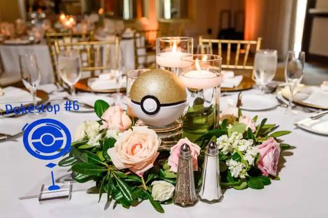 Laura and Dan's Pokemon Wedding at Wyndham Grand Orlando Resort Bonnet Creek - Just Marry! Pokemon Wedding Cake Toppers, Pokemon Centerpieces Wedding, Pokemon Engagement Photos, Pokemon Bridal Shower Ideas, Gamer Wedding Centerpieces, Pokemon Theme Wedding, Pokemon Wedding Centerpieces, Pokemon Wedding Theme, Anime Theme Wedding