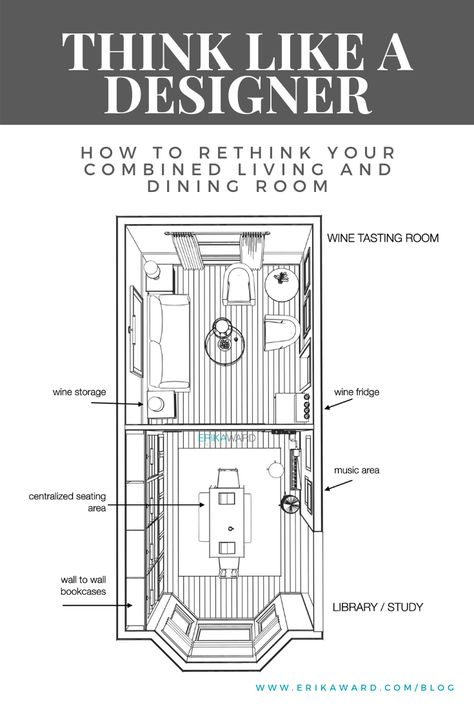 HOW TO RETHINK YOUR COMBINED LIVING AND DINING ROOM - Erika Ward Interiors Atlanta: Interior Design, Interior Decorating, Design Advice Living Room With Study Area Designs, Dining Room With Reading Area, Parlor Dining Room Combo, Dining Room Connected To Living Room, Dining Room Music Room Combo, Living And Dining Room Combo Layout, Dining Sitting Room Combo, Dining Room With Bar Area, Dining Room Sitting Room Combo