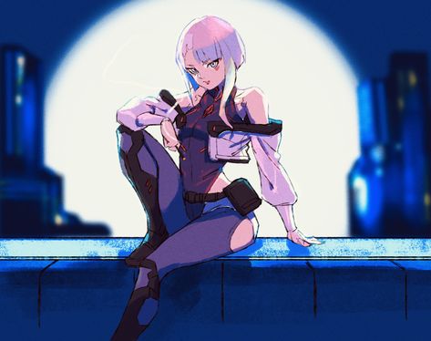 Pale Skin Red Lips, Multicolored Eyes, Lucy Cyberpunk, Cyberpunk Edgerunners, Multicolored Hair, Open Jacket, Facepaint, Bare Shoulders, Free Anime