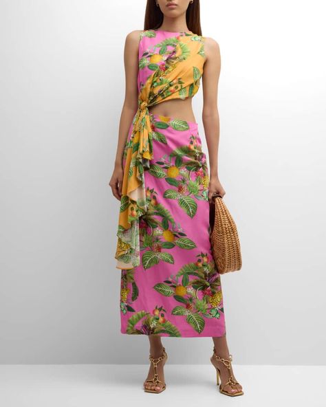 Borgo de Nor Lenny Sleeveless Draped Midi Column Dress | Neiman Marcus Borgo De Nor, Tropical Print Dress, Resort Wear For Women, Cami Nyc, Column Dress, Tiered Midi Dress, Top Designer Brands, Luxury Vacation, Cover Up Dress