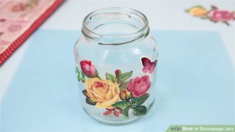 How to Decoupage Jars: 14 Steps (with Pictures) - wikiHow Napkin Decoupage On Glass Jars, Modge Podge On Glass Jars, Decoupage Mason Jars Diy, Decoupage On Glass Jars, How To Decoupage, Decopage Candle, Decoupage Glass Jars, Modge Podge Candles, Modge Podge Glass