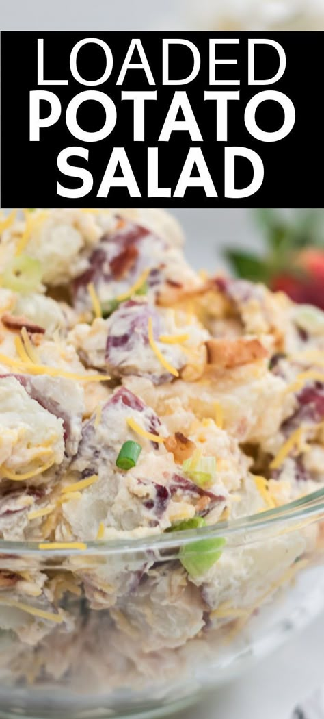 Indulge in the creamy goodness of our loaded red skin potato salad. Made with tender red potatoes, crispy bacon, and fresh herbs, this salad is a crowd-pleaser. Perfect for picnics, BBQs, or any occasion, this salad is sure to impress your guests. Get the recipe now! Fully Loaded Baked Potato, Baked Potato Salad Recipe, Red Skin Potato Salad, Red Potato Salad Recipe, Loaded Potato Salad, Ranch Potato Salad, Loaded Baked Potato Salad, Red Potato Salad, Baked Potato Salad