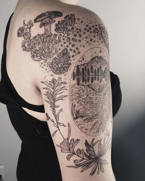 Mt.Adams and Takhlakh Lake, Indian Paintbrush, and Lupine with mushrooms and forest floor friends. Thanks Kimber! Pony Reinhardt Tattoo, Mushroom Tattoo Ideas, Pony Reinhardt, Mushroom Tattoo, Autumn Tattoo, Mushroom Tattoos, Forest Tattoos, Indian Paintbrush, Indian Tattoo