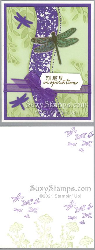 Stampin' Up! Cards - 2021-02 Dragonfly Garden Stamp Camp – Dragonfly Garden stamp set, Dragonflies Punch, Curvy Dies, Greenery Embossing Folder, Hydrangea Hill Mercury Glass Designer Acetate, Gorgeous Grape Sheer Ribbon, Banners Pick A Punch, Vellum cardstock, Gold Emboss Powder, Sponge Dauber Stampin Up Hydrangea Hill Mercury Glass Acetate, Powder Sponge, Dragonfly Garden, Mercury Glass, Embossing Folder, Dragonflies, Emboss, Hydrangea, Stamp Set