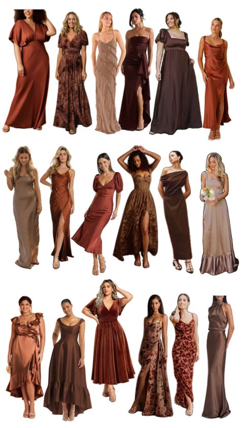 Wedding Guest Brown Dress, Black And Brown Bridesmaid Dresses, Mismatched Brown Bridesmaid Dresses, Brown Mismatched Bridesmaid Dresses, Bridesmaid Color Palette Fall, Types Of Bridesmaid Dresses, Champagne Bridesmaid Dresses Black Women, Earth Tone Bridesmaid Dresses Mismatched, Shades Of Brown Bridesmaid Dresses