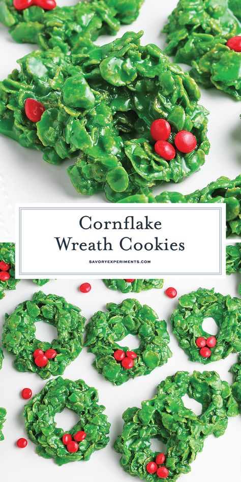 These classic no bake Cornflake Wreaths only use a handful of ingredients and are ready in just 15 minutes! Perfect for Christmas! #cornflakewreaths #nobakechristmascookies www.savoryexperiments.com Cornflake Wreaths, Christmas Wreath Cookies, Cardamom Cookies, Bake Christmas, Traditional Christmas Cookies, Cookie Board, Peppermint Cake, Christmas Baking Cookies, Favorite Christmas Recipes