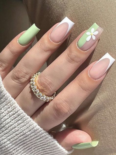 Seafoam Green Nails, White And Green Nails, Acrylic Nails Almond Shape, Acrylic Nails Nude, Green Acrylic Nails, French Manicure Designs, Purple Acrylic Nails, Super Cute Nails, Green Nail Designs