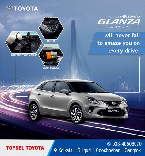 Splendid features, unmatched performance, and unbeatable luxury. The Toyota Glanza will never fail to amaze you on every drive. To Book a test drive call: 033-40506070 #LetsGoHatchin #ToyotaGlanza #Toyota #Glanza #ToyotaCars #Cars2020 #TopselToyota Test Drive Poster, Car Features Creative Ads, Cars Creative Ads, Car Marketing, Real Estate Slogans, Drive Poster, Car Banner, Car Advertising Design, Disney Movie Posters