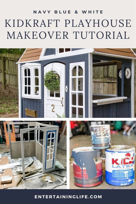 Wood Playhouse Makeover, Wooden Playhouse Makeover, Kidkraft Playhouse, Kidkraft Playhouse Makeover, Plastic Playhouse Makeover, Painted Playhouse, Playhouse Remodel, Plastic Playhouse, Playhouse Makeover