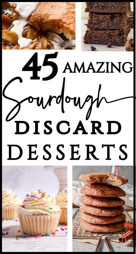 If you love sourdough and need some delicious ideas for using your discard, try these desserts! All of these dessert recipes are made with inactive or unfed sourdough starter. Your sourdough discard can be put to delicious use - make cookie, cobbler, brow Desserts Using Sourdough Discard, Easy Sourdough Discard Desserts, Sourdough Discard Treats, Discard Dessert Recipes, Discard Desserts, Discard Dessert, Sourdough Discard Dessert Recipes, Sourdough Cookies Recipe, Sourdough Discard Dessert