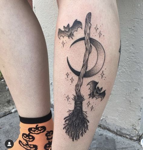 Bats and Broomstick tattoo Black Cat On Broom Tattoo, Witch Broom Cat Tattoo, Witch On Broomstick Tattoo, Cat Broom Tattoo, Witch Tatoos Ideas Small, Black Kitten Tattoo, Black Cat Witch Tattoo, Magic Cat Tattoo, Cute Witch Tattoo