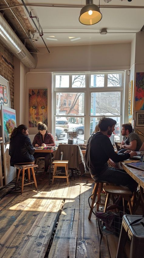 Cozy Café Scene: Customers enjoy a sunny afternoon while sipping coffee in a #cozy, art-filled #urban café. #café #sunlight #woodenfloors #art #windows #aiart #aiphoto #stockcake ⬇️ #Download and 📝 #Prompt 👉 https://stockcake.com/i/cozy-caf-scene_746720_1126834 Seattle Coffee Shop Aesthetic, Busy Coffee Shop Aesthetic, Rainy Coffee Shop Aesthetic, Cozy Cafe Aesthetic, Busy Coffee Shop, Coffee Shop Cozy, Cafe Setting, Coffee Cafe Aesthetic, Seattle Coffee Shops